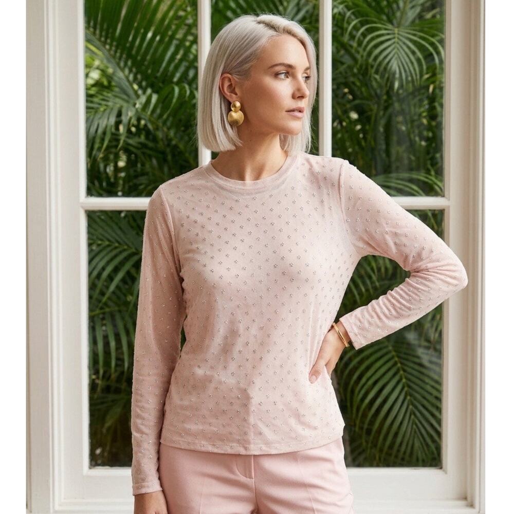 Scoop Studded Mesh Pink Top Womens Large Stretch Fairy Glam Party Event Romantic